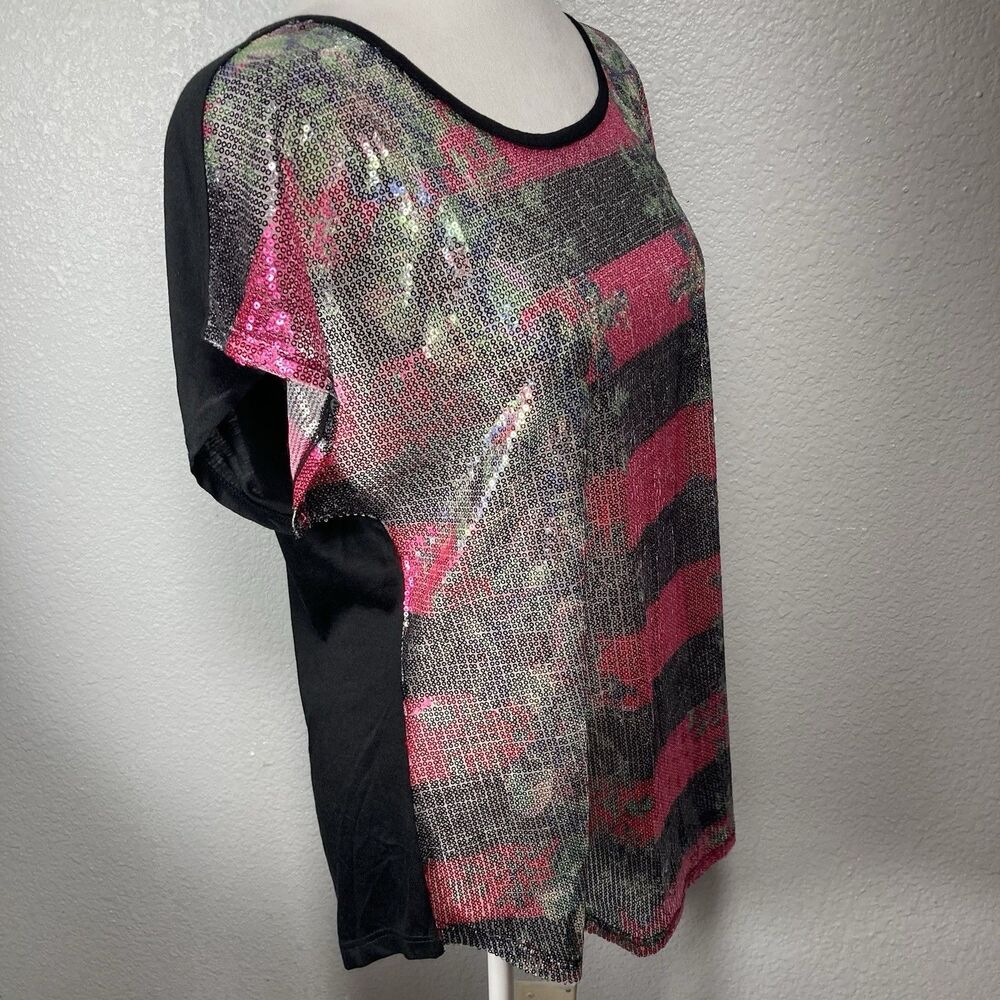 Sequin Top L Floral Sheer Shimmer Blouse Sparkle Whimsigoth Glam Cato - Picture 4 of 14